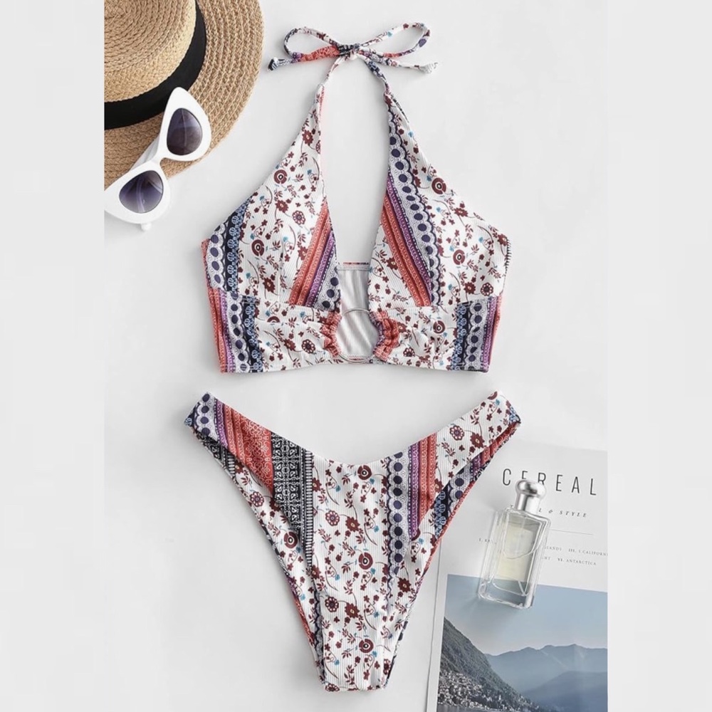 NWOT Zaful Floral Striped Boho Halter Bikini Swimsuit